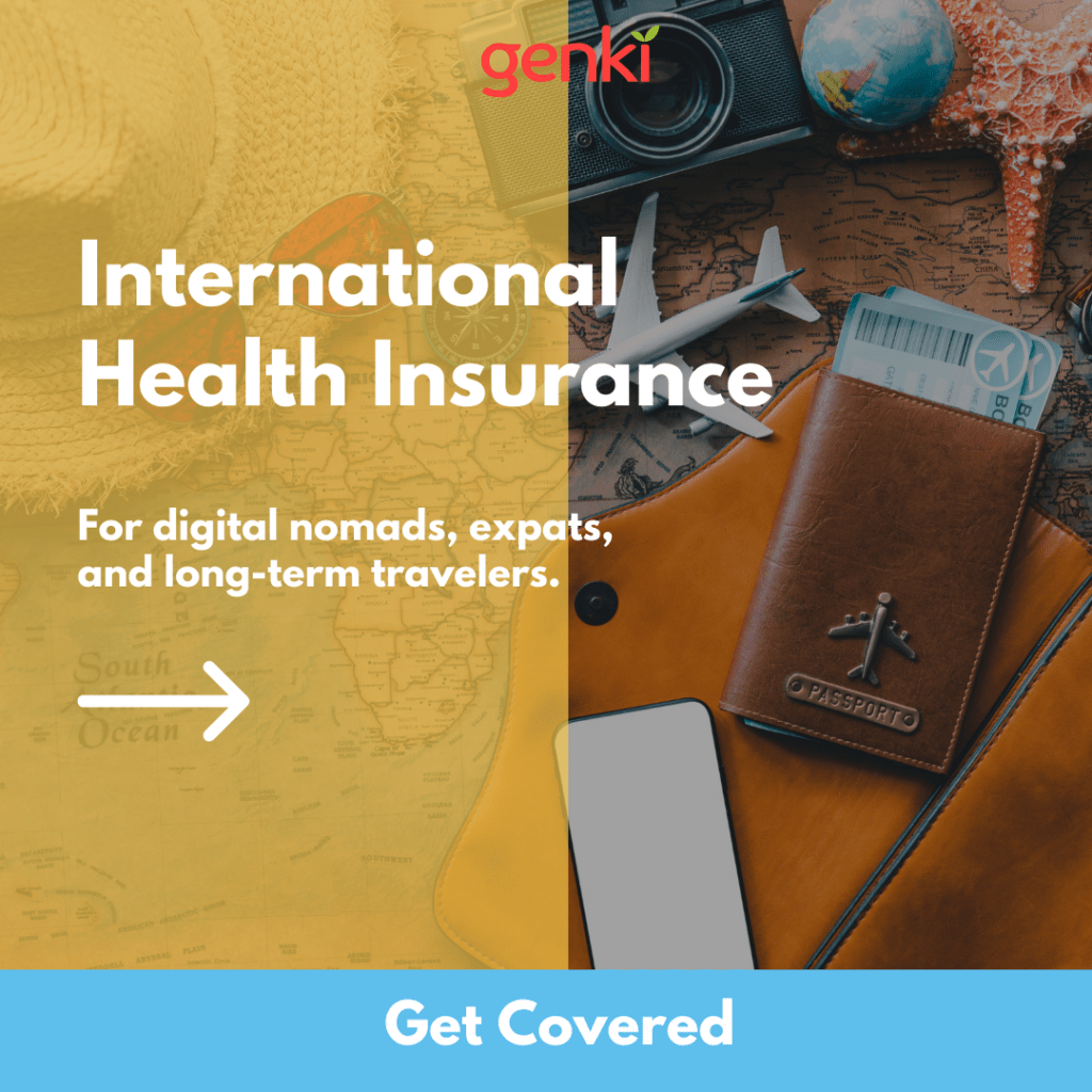 international health insurance ad with a passport holder and toy plane on a desk