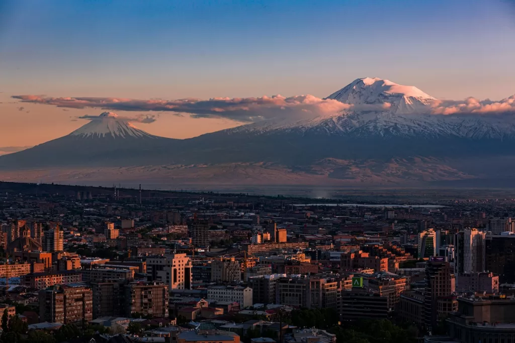 Expansive view of Mount Ararat over Yerevan Armenia at dusk
