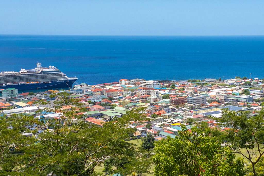 a cruise ship docked in the water near a coastal island city