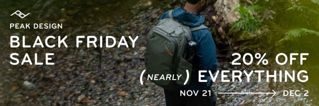 20% off sales banner for Peak Design bags